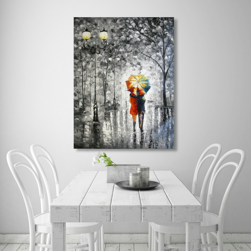 Canvas Art "Lovers under the one umbrella" Palette Knife Painting Black White Red Blue - Click Image to Close